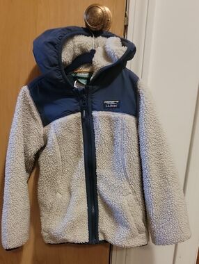 L.L. Bean Kids Cream Sherpa Fleece Jacket with Navy Yoke and Hood